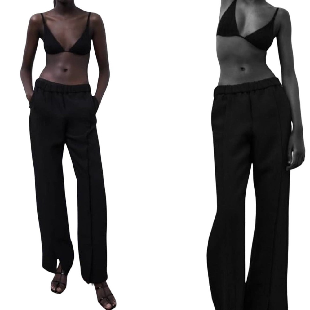 New Zara Structured Front Rib Knit Split Hem Relaxed Fit Black Pants Size XS